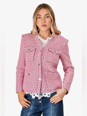 MAJE PINK TWEED POCKET DETAILED JACKET Sz 36 Structured Houndstooth Lady Blazer